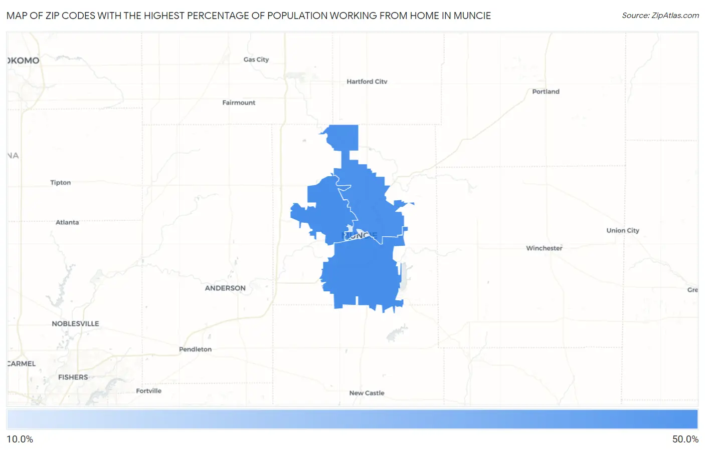 Zip Codes with the Highest Percentage of Population Working from Home in Muncie Map
