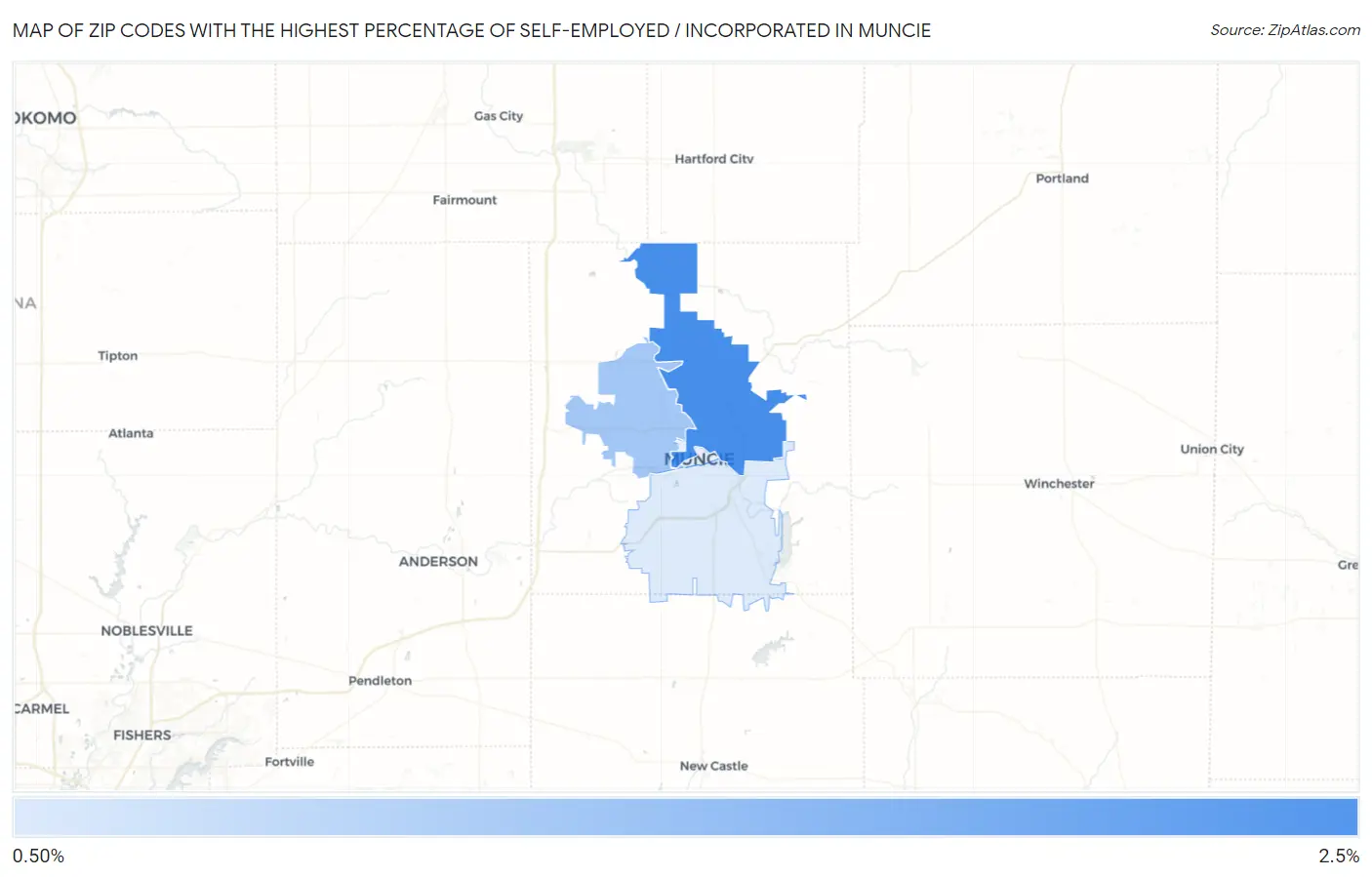 Zip Codes with the Highest Percentage of Self-Employed / Incorporated in Muncie Map