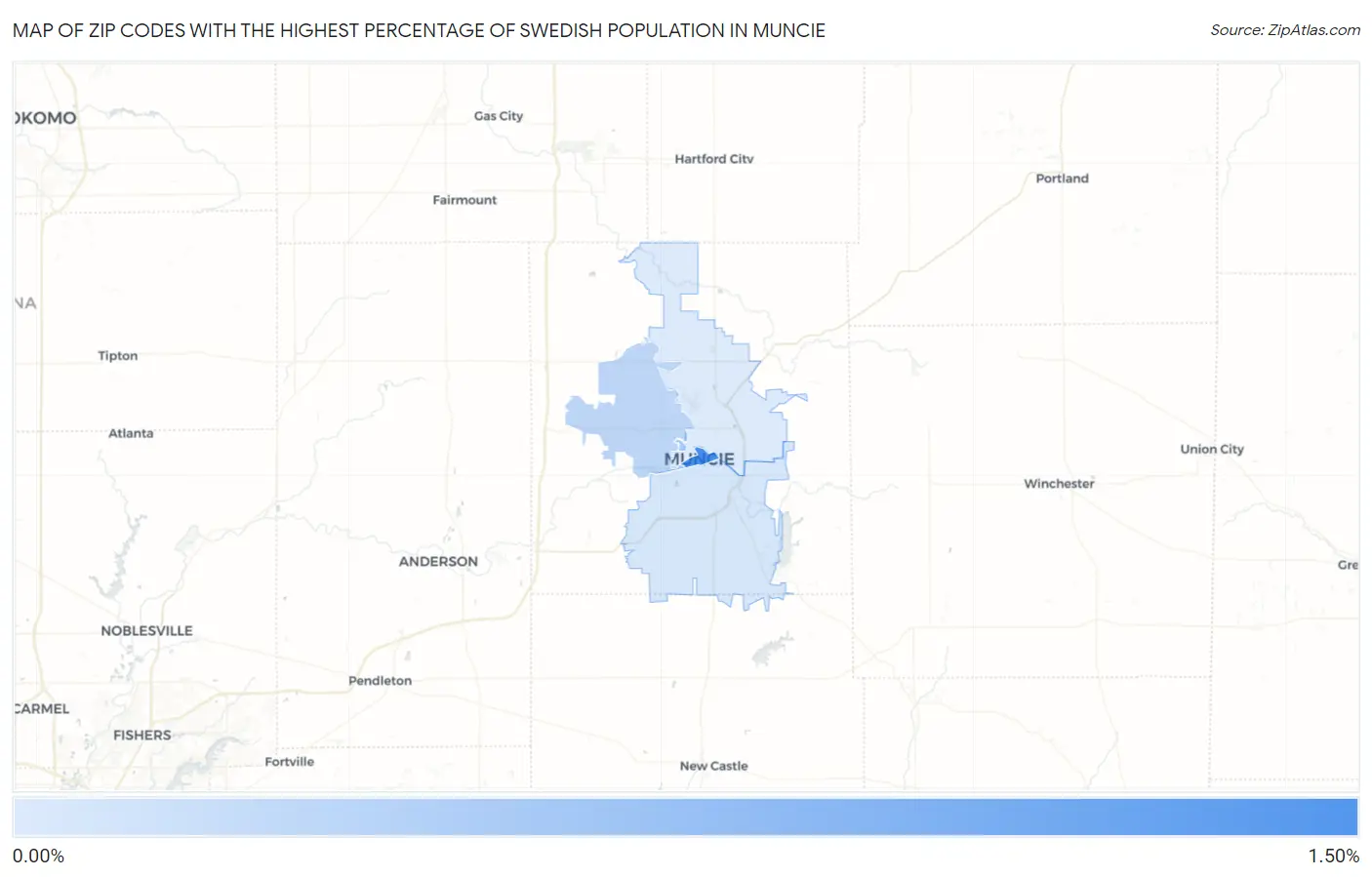 Zip Codes with the Highest Percentage of Swedish Population in Muncie Map