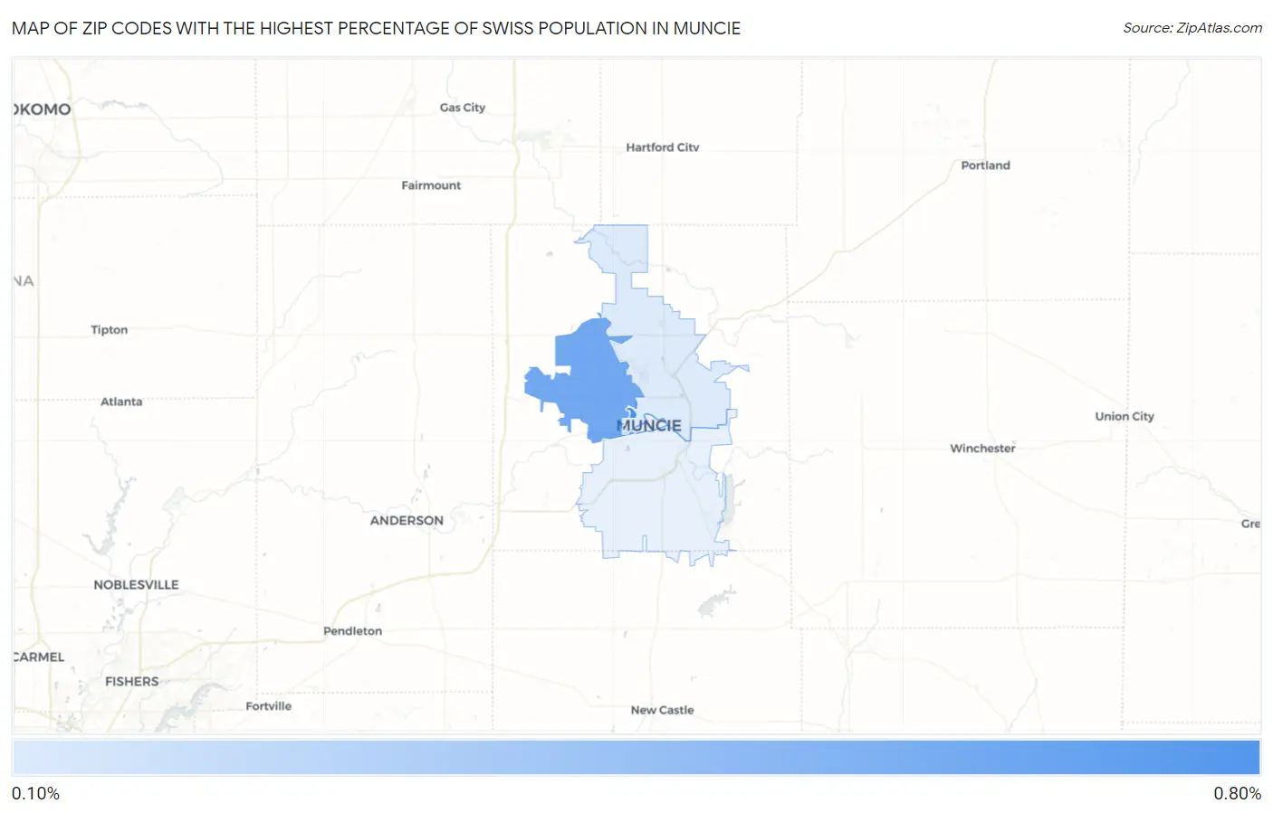 Zip Codes with the Highest Percentage of Swiss Population in Muncie Map