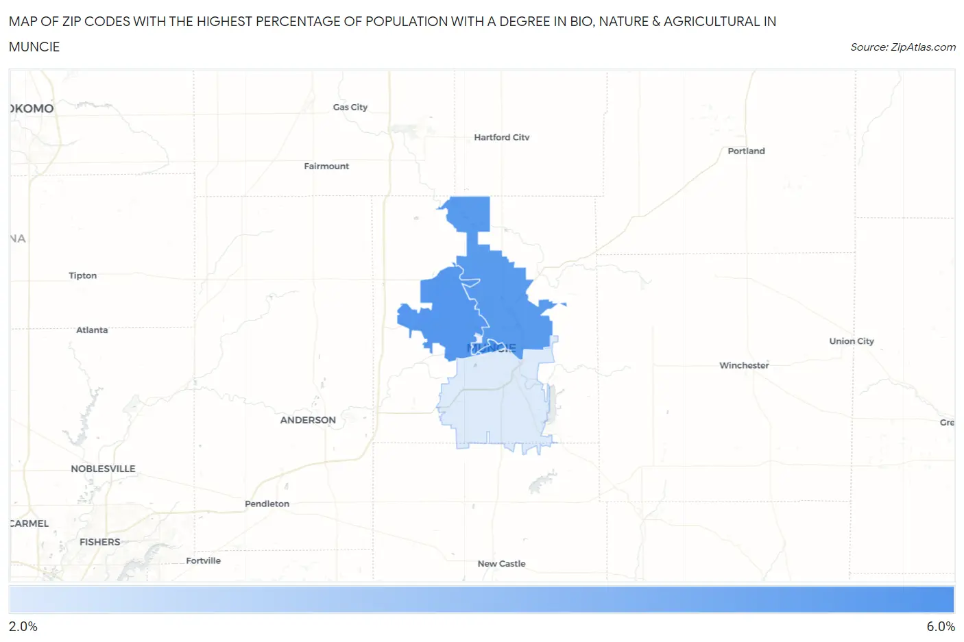 Zip Codes with the Highest Percentage of Population with a Degree in Bio, Nature & Agricultural in Muncie Map