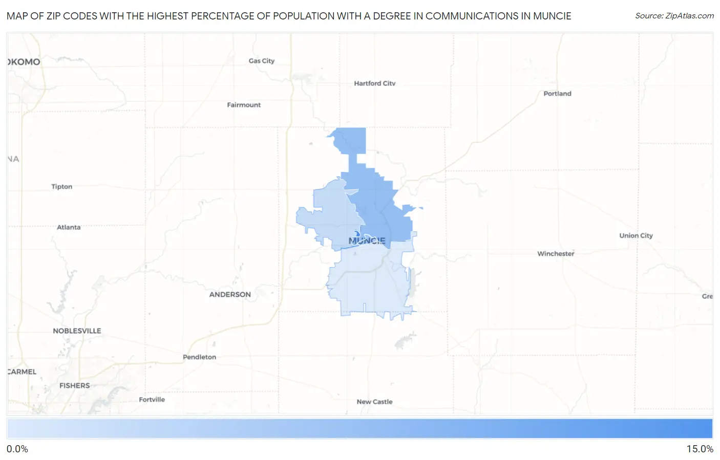 Zip Codes with the Highest Percentage of Population with a Degree in Communications in Muncie Map