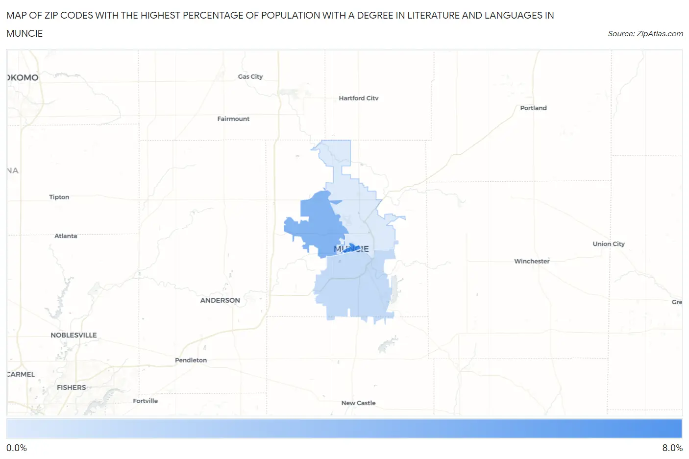 Zip Codes with the Highest Percentage of Population with a Degree in Literature and Languages in Muncie Map
