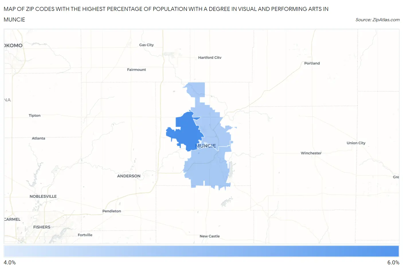 Zip Codes with the Highest Percentage of Population with a Degree in Visual and Performing Arts in Muncie Map