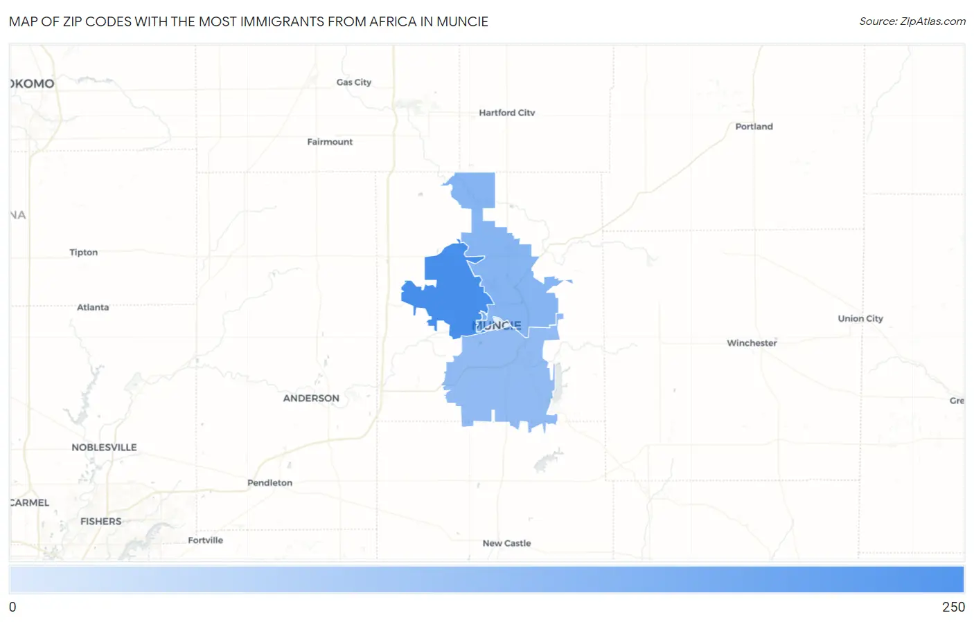 Zip Codes with the Most Immigrants from Africa in Muncie Map