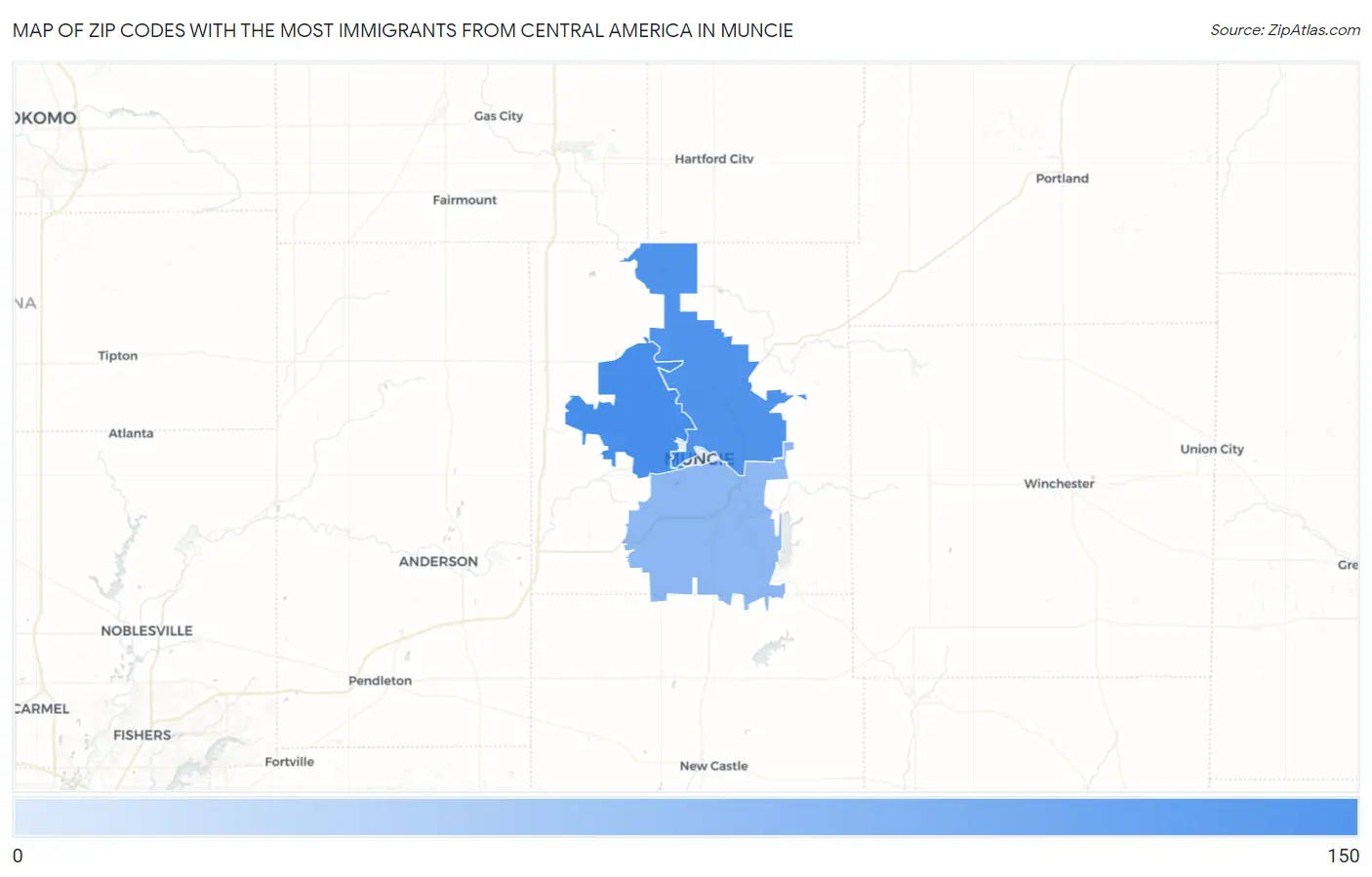 Zip Codes with the Most Immigrants from Central America in Muncie Map