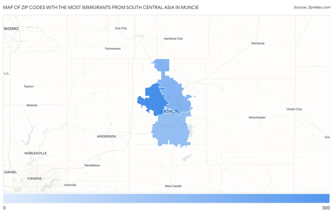 Zip Codes with the Most Immigrants from South Central Asia in Muncie Map