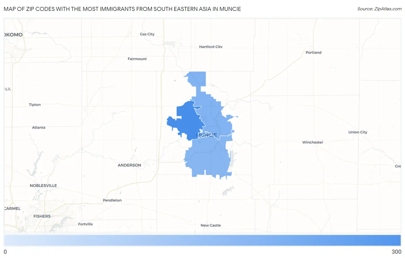 Zip Codes with the Most Immigrants from South Eastern Asia in Muncie Map