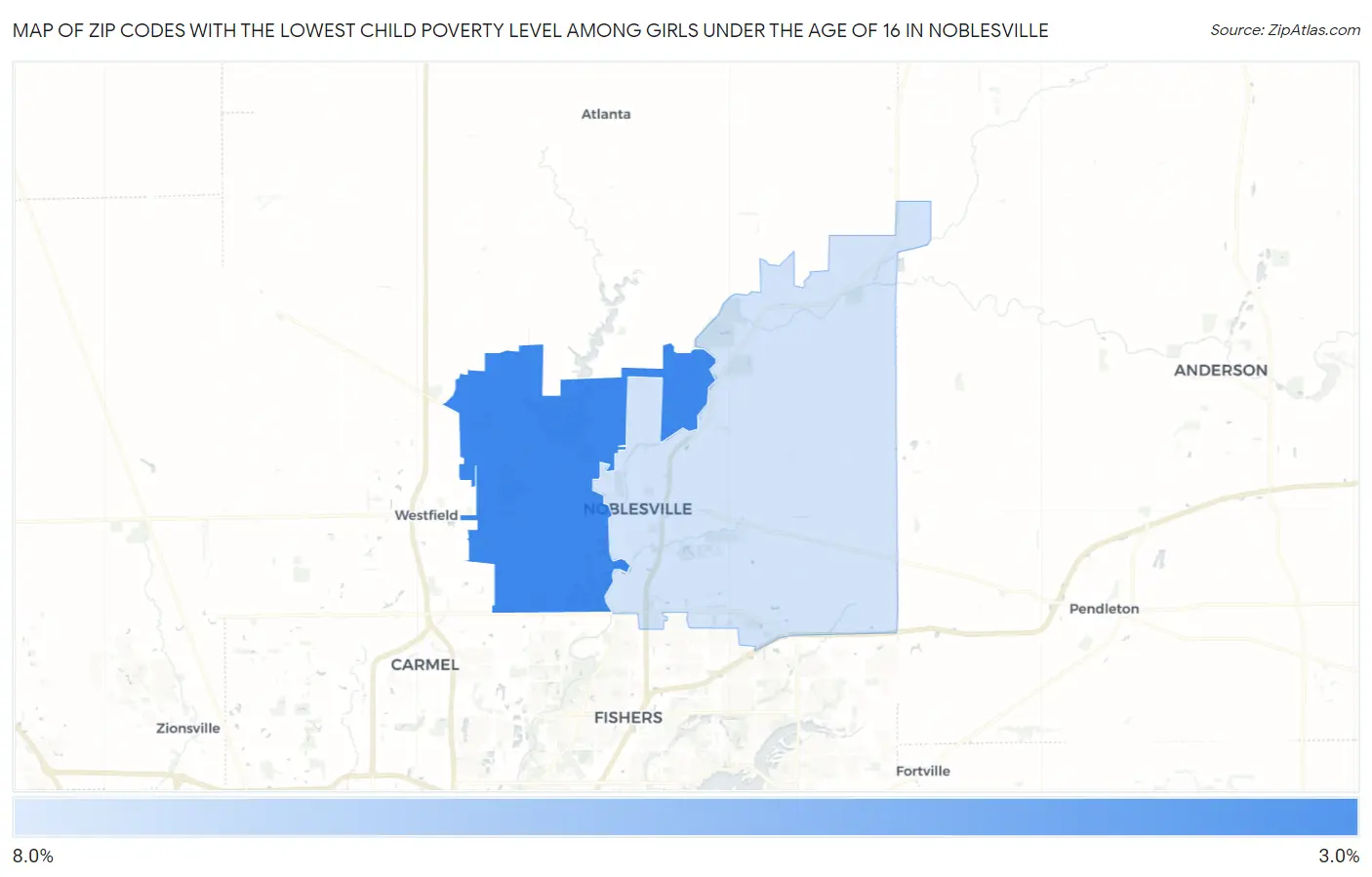 Zip Codes with the Lowest Child Poverty Level Among Girls Under the Age of 16 in Noblesville Map