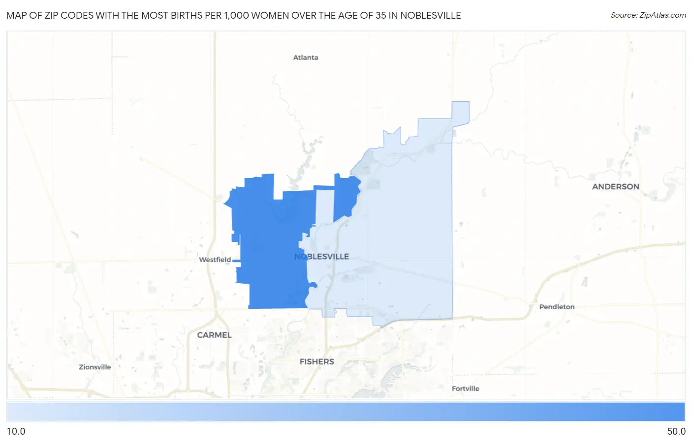 Zip Codes with the Most Births per 1,000 Women Over the Age of 35 in Noblesville Map