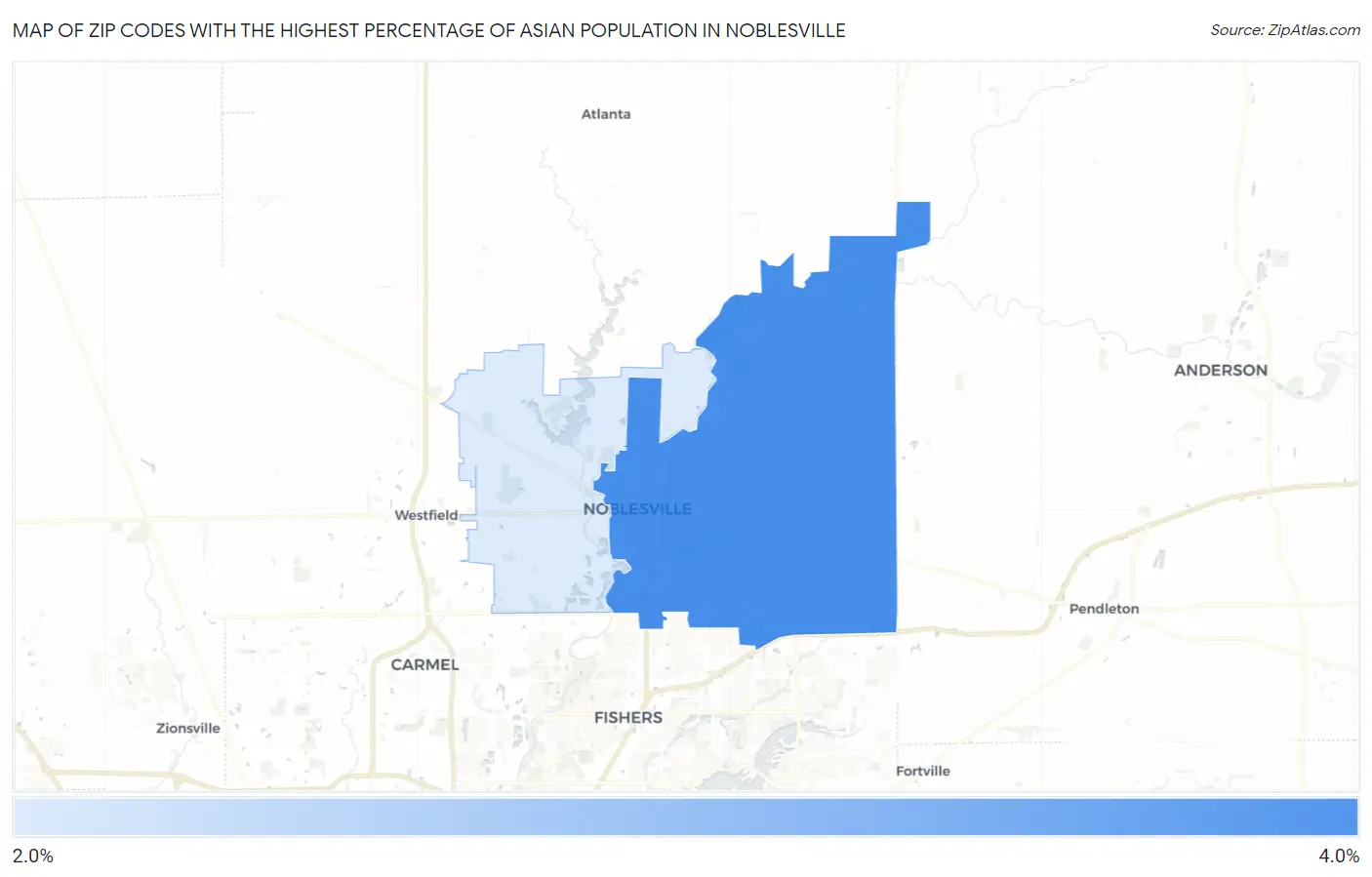 Zip Codes with the Highest Percentage of Asian Population in Noblesville Map