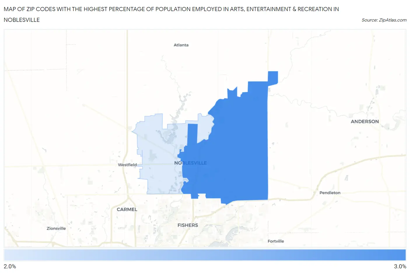 Zip Codes with the Highest Percentage of Population Employed in Arts, Entertainment & Recreation in Noblesville Map