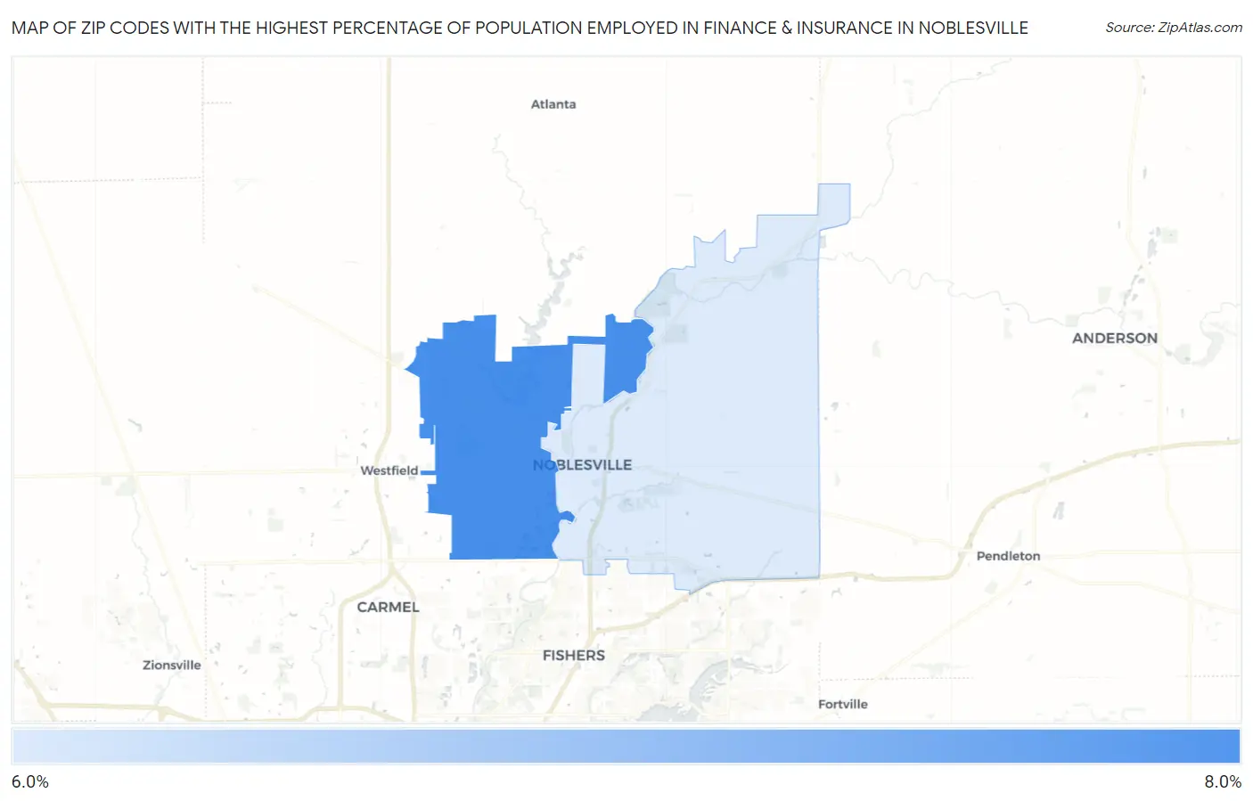 Zip Codes with the Highest Percentage of Population Employed in Finance & Insurance in Noblesville Map