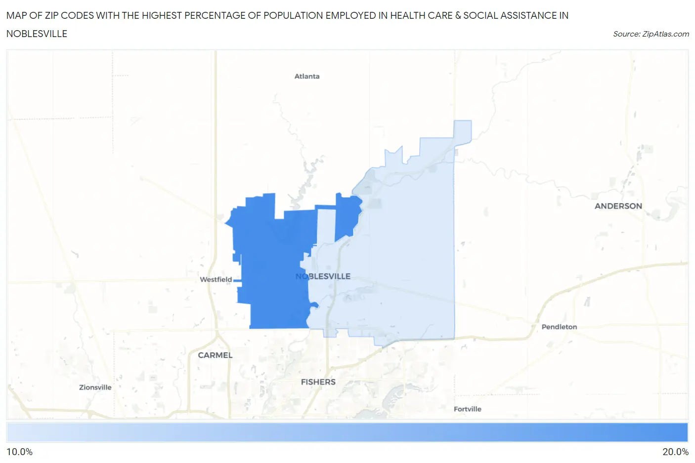 Zip Codes with the Highest Percentage of Population Employed in Health Care & Social Assistance in Noblesville Map