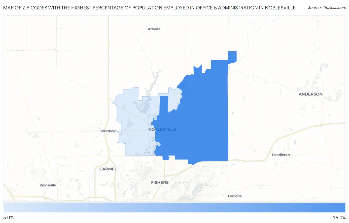 Zip Codes with the Highest Percentage of Population Employed in Office & Administration in Noblesville Map