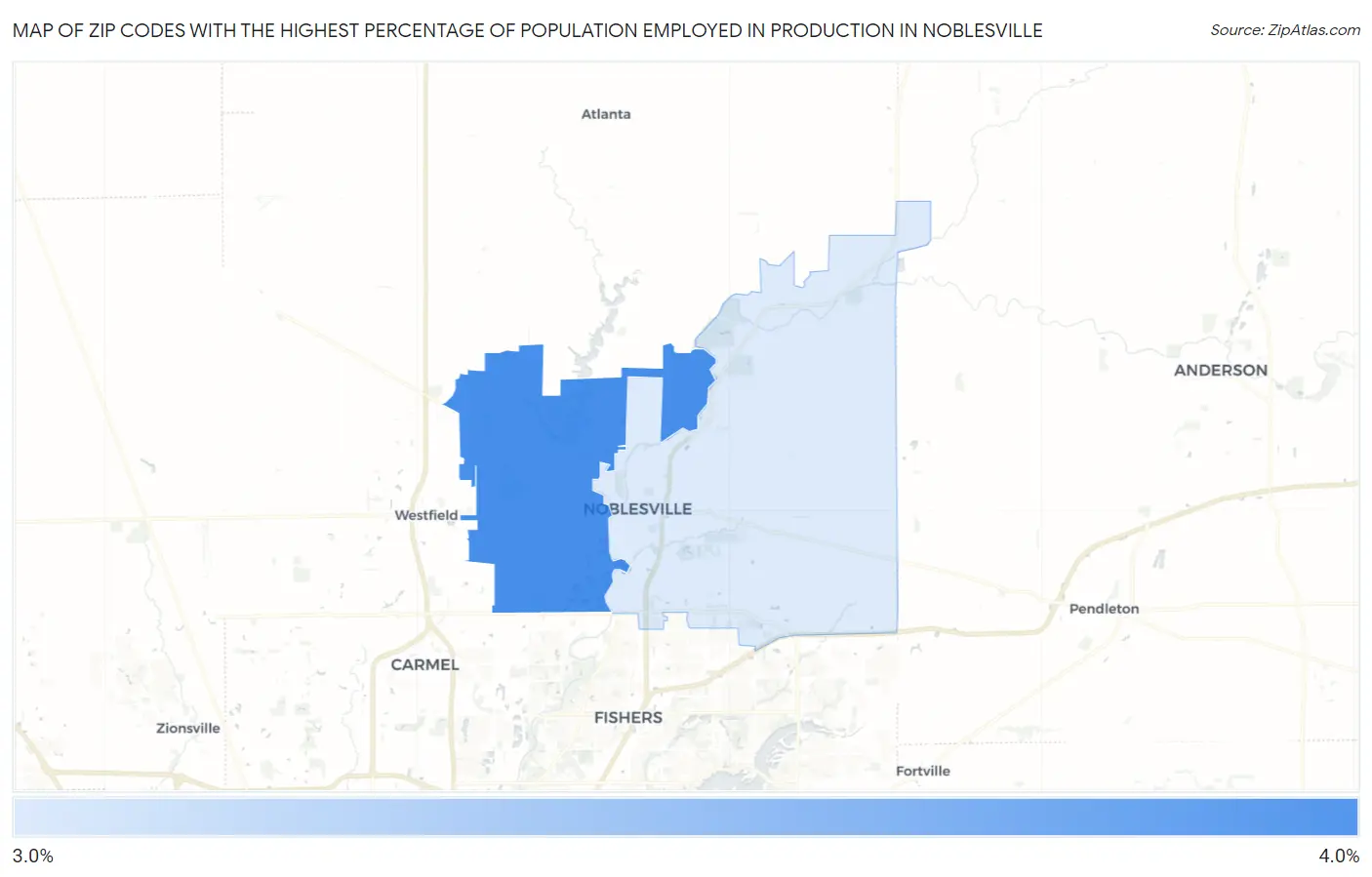 Zip Codes with the Highest Percentage of Population Employed in Production in Noblesville Map