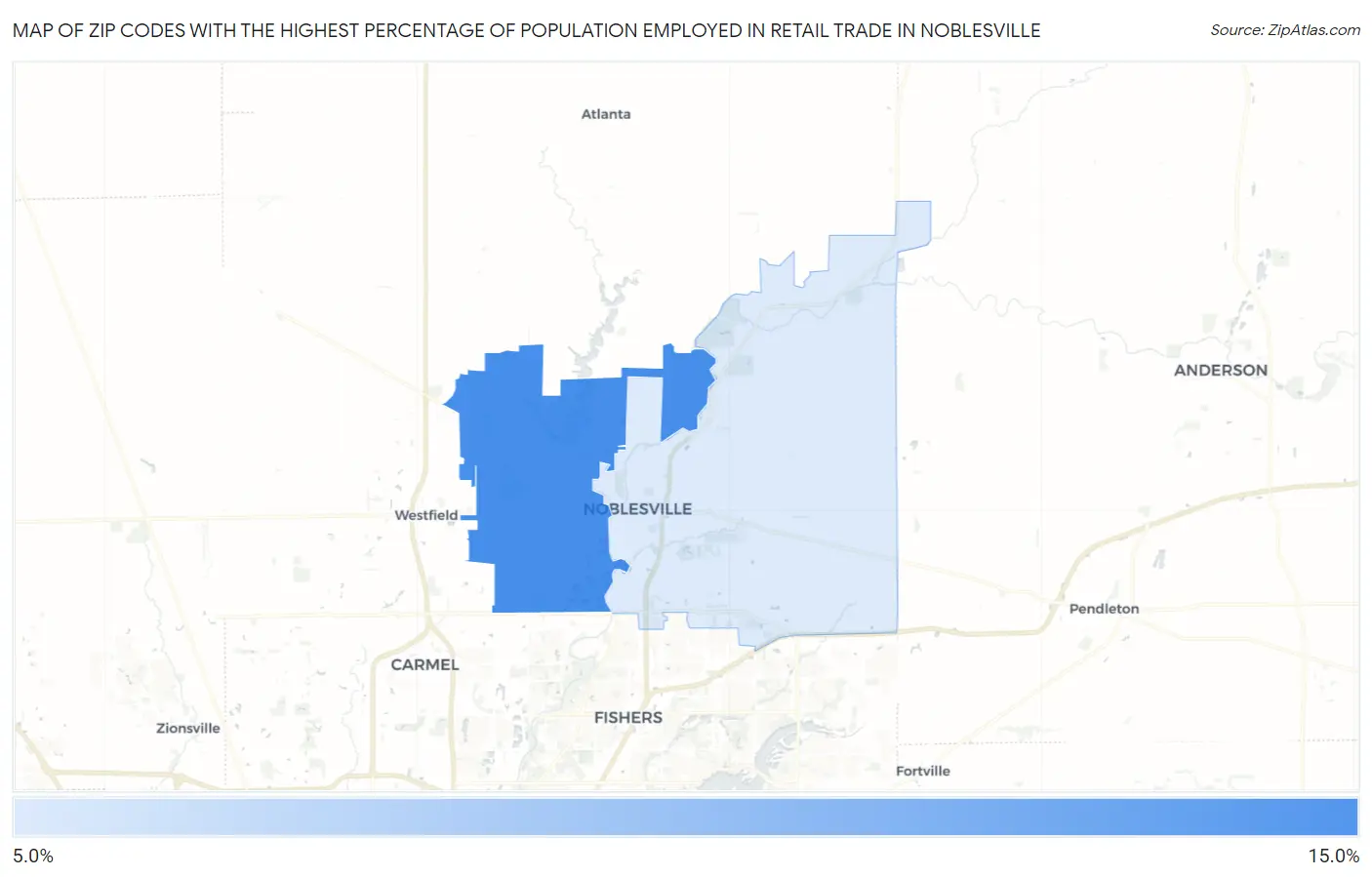 Zip Codes with the Highest Percentage of Population Employed in Retail Trade in Noblesville Map