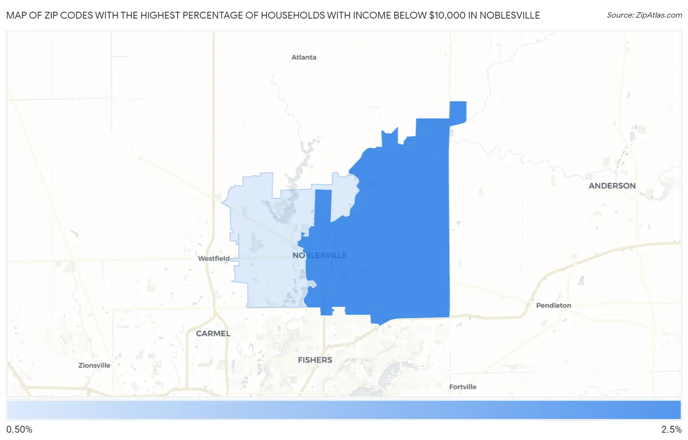 Zip Codes with the Highest Percentage of Households with Income Below $10,000 in Noblesville Map
