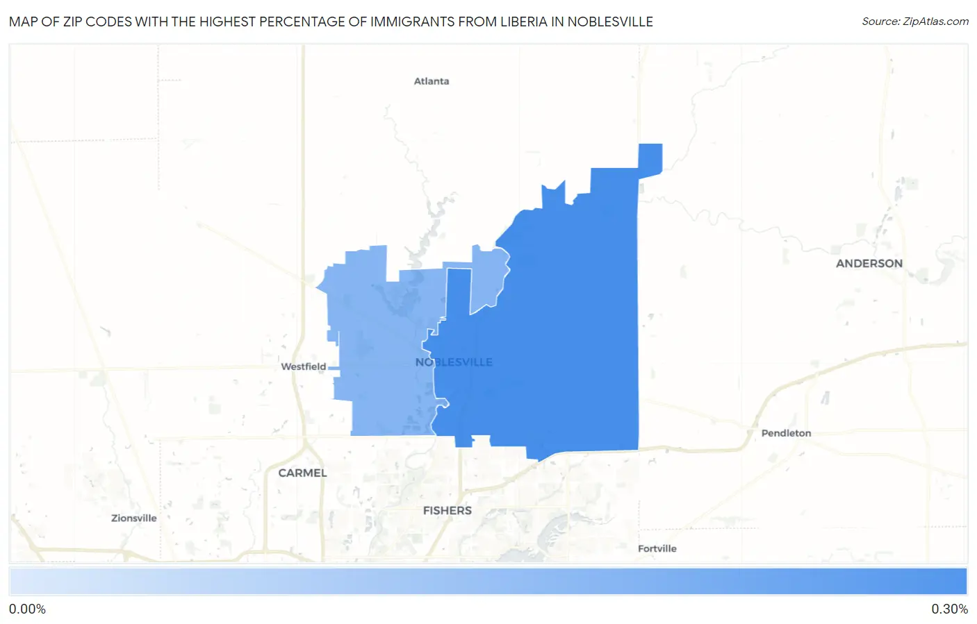 Zip Codes with the Highest Percentage of Immigrants from Liberia in Noblesville Map