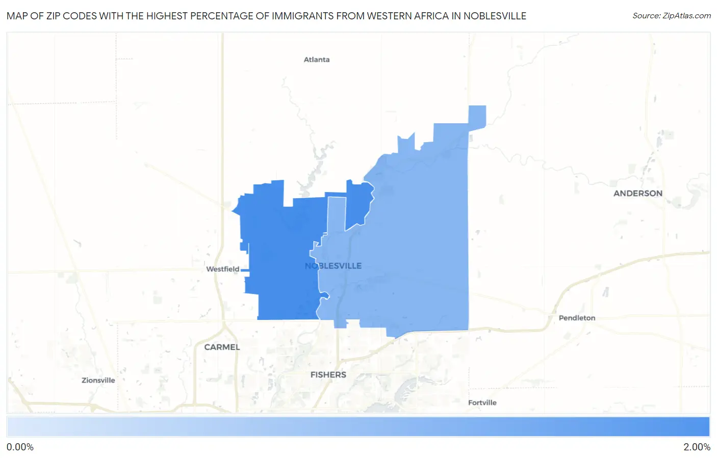 Zip Codes with the Highest Percentage of Immigrants from Western Africa in Noblesville Map