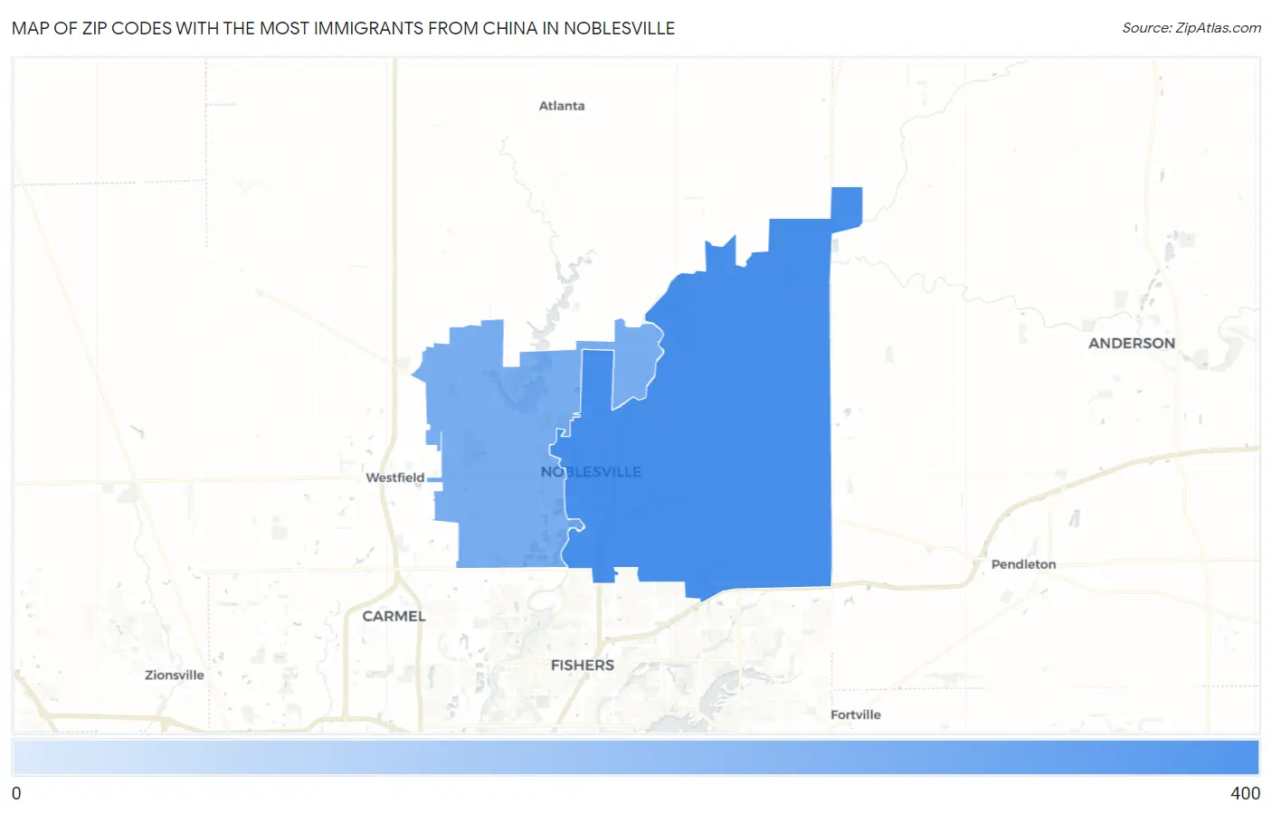 Zip Codes with the Most Immigrants from China in Noblesville Map