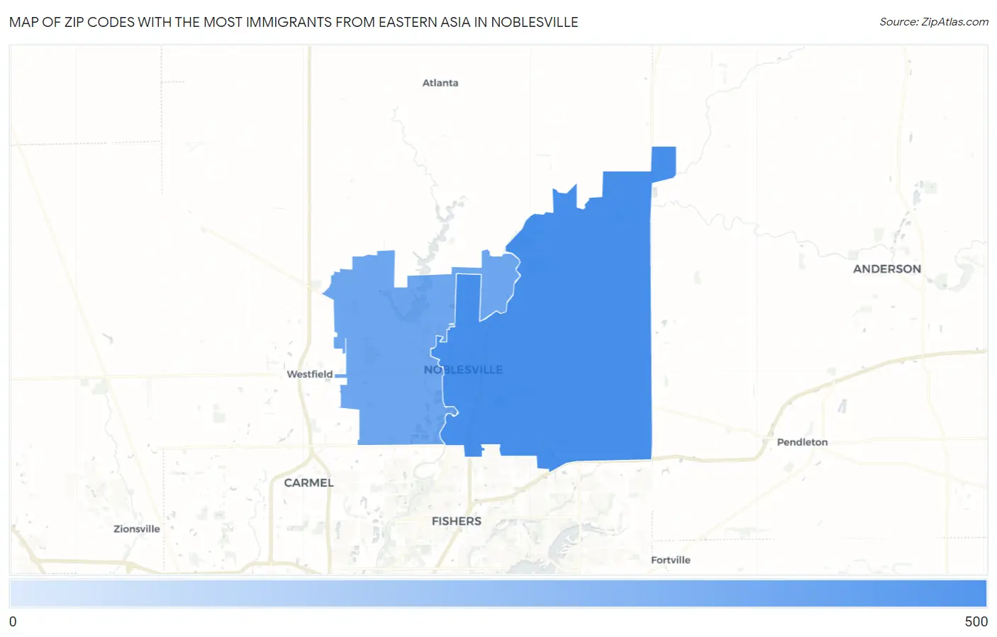 Zip Codes with the Most Immigrants from Eastern Asia in Noblesville Map