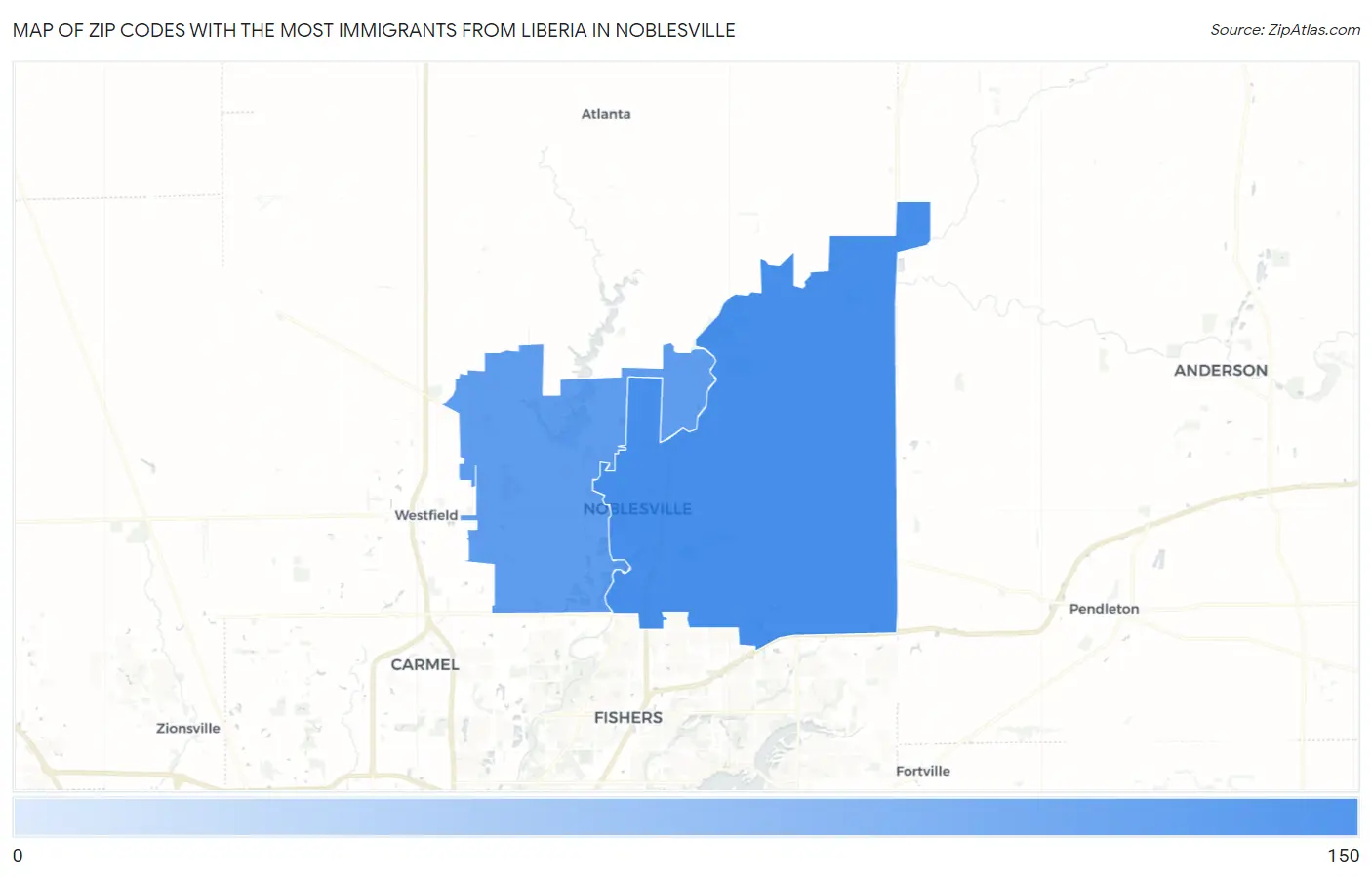 Zip Codes with the Most Immigrants from Liberia in Noblesville Map