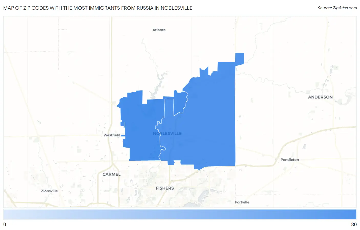 Zip Codes with the Most Immigrants from Russia in Noblesville Map