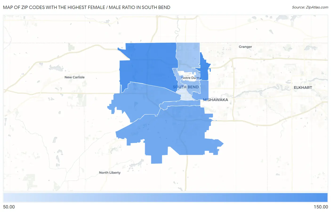 Zip Codes with the Highest Female / Male Ratio in South Bend Map