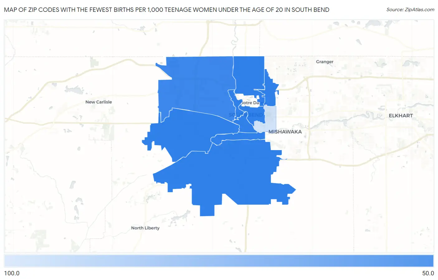 Zip Codes with the Fewest Births per 1,000 Teenage Women Under the Age of 20 in South Bend Map