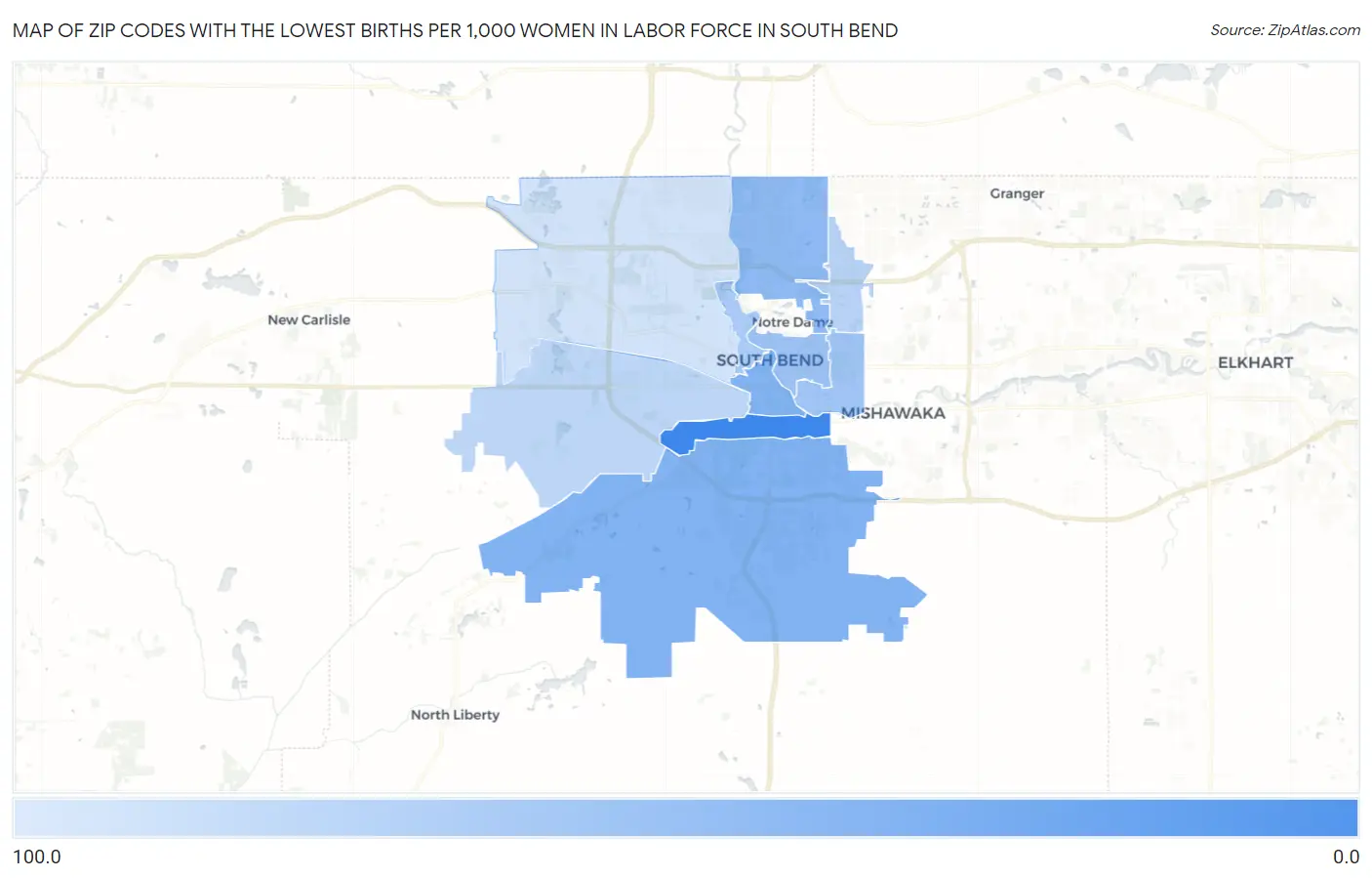 Zip Codes with the Lowest Births per 1,000 Women in Labor Force in South Bend Map