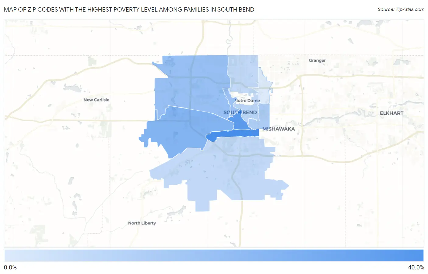 Zip Codes with the Highest Poverty Level Among Families in South Bend Map