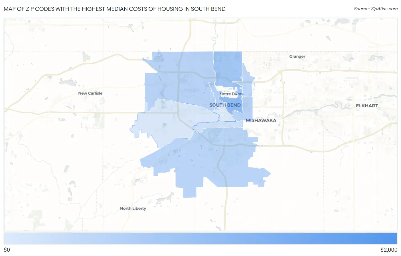 Zip Codes with the Highest Median Costs of Housing in South Bend Map