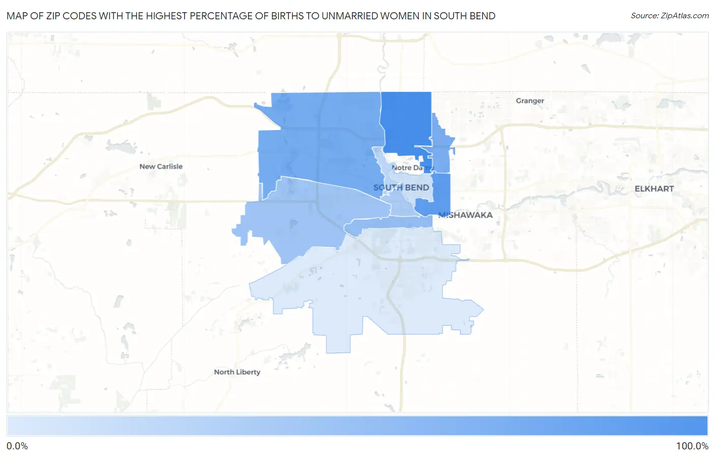 Zip Codes with the Highest Percentage of Births to Unmarried Women in South Bend Map