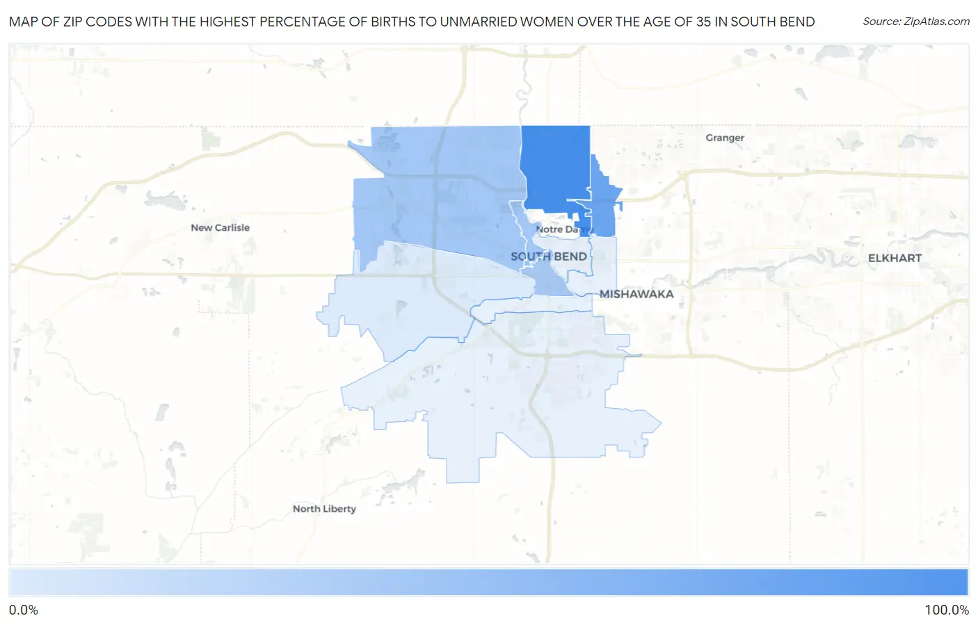 Zip Codes with the Highest Percentage of Births to Unmarried Women over the Age of 35 in South Bend Map