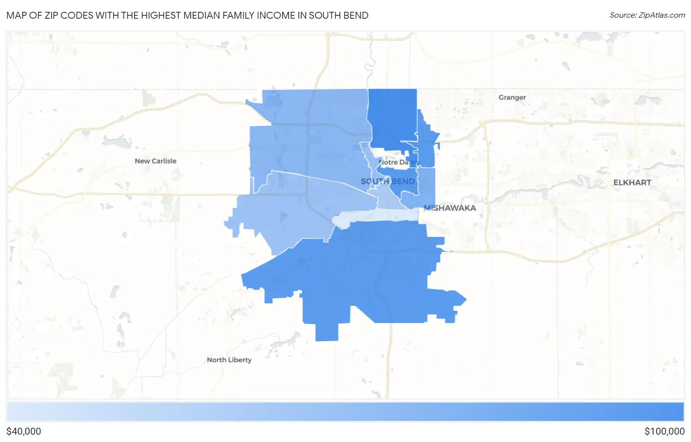Zip Codes with the Highest Median Family Income in South Bend Map