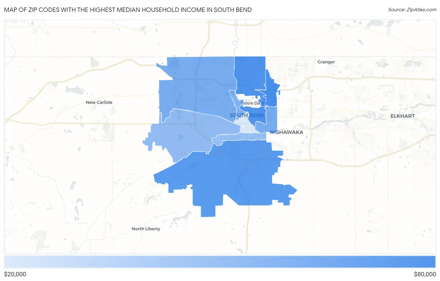 Zip Codes with the Highest Median Household Income in South Bend Map