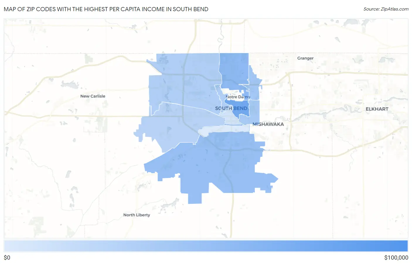Zip Codes with the Highest Per Capita Income in South Bend Map