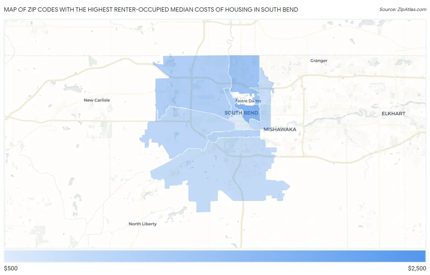 Zip Codes with the Highest Renter-Occupied Median Costs of Housing in South Bend Map