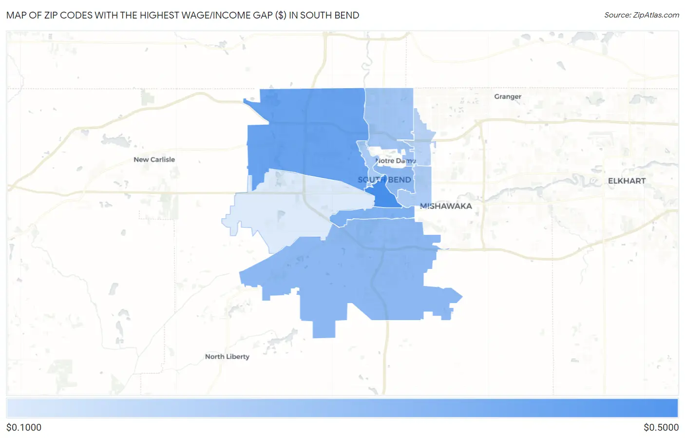 Zip Codes with the Highest Wage/Income Gap ($) in South Bend Map