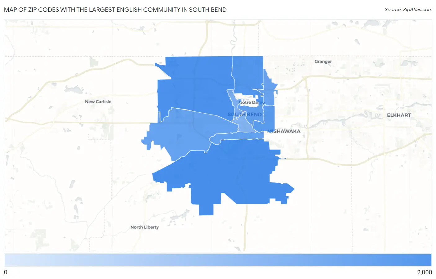 Zip Codes with the Largest English Community in South Bend Map