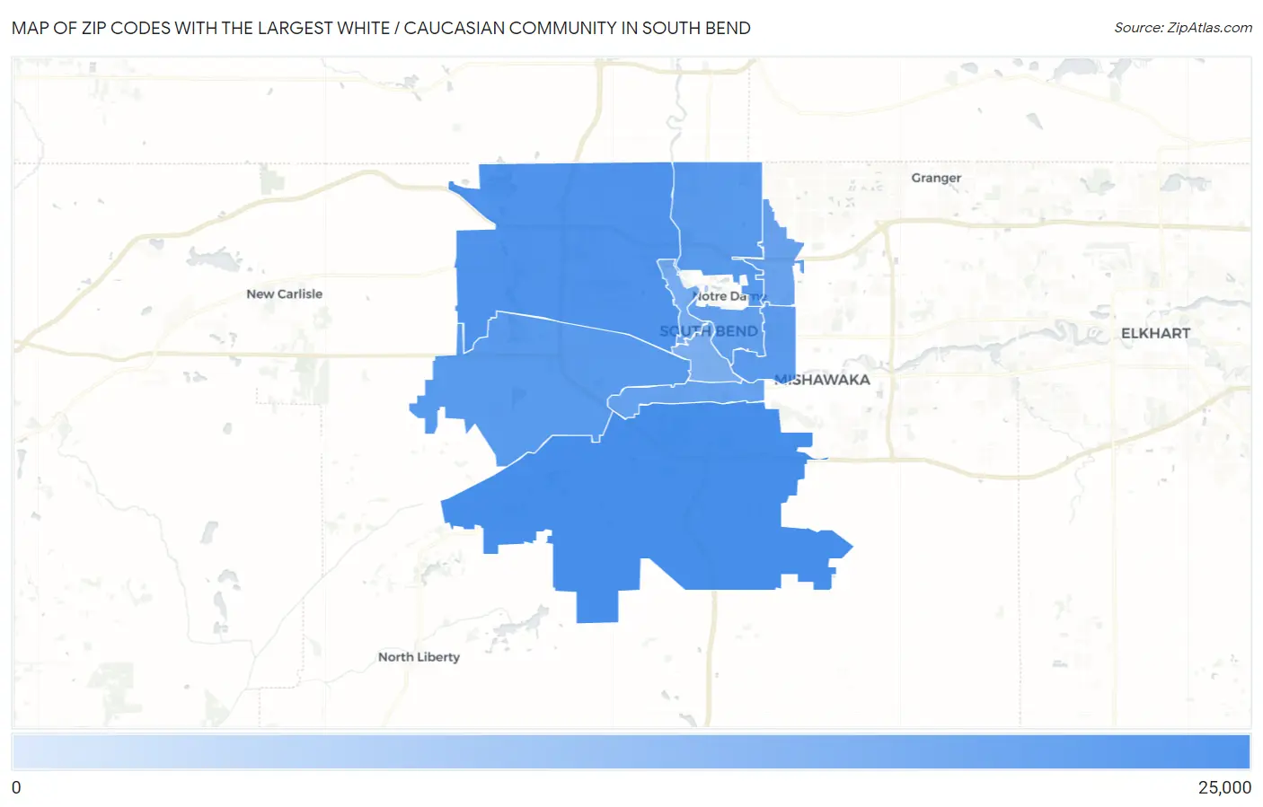 Zip Codes with the Largest White / Caucasian Community in South Bend Map