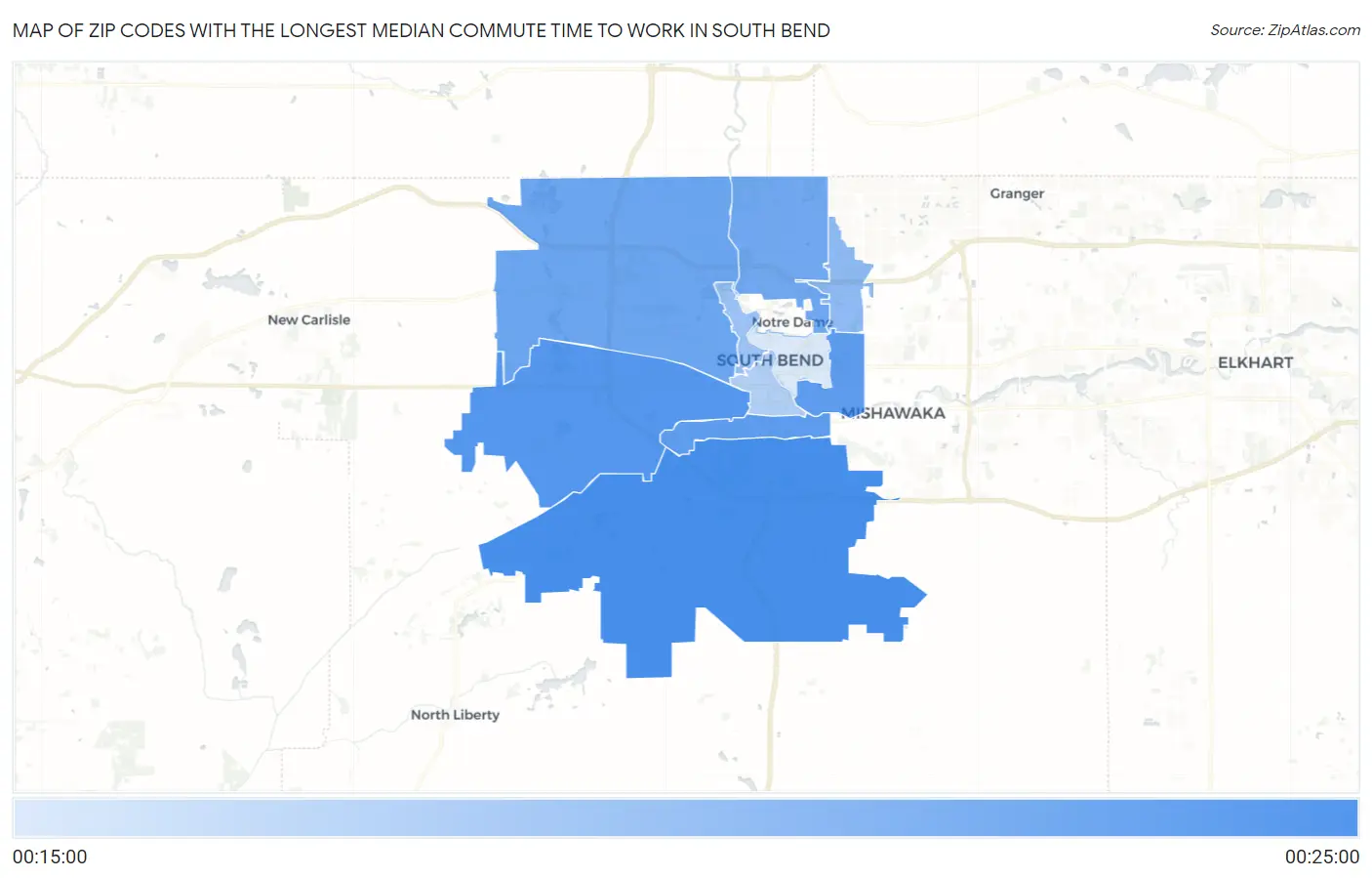 Zip Codes with the Longest Median Commute Time to Work in South Bend Map
