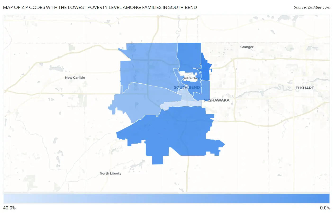 Zip Codes with the Lowest Poverty Level Among Families in South Bend Map