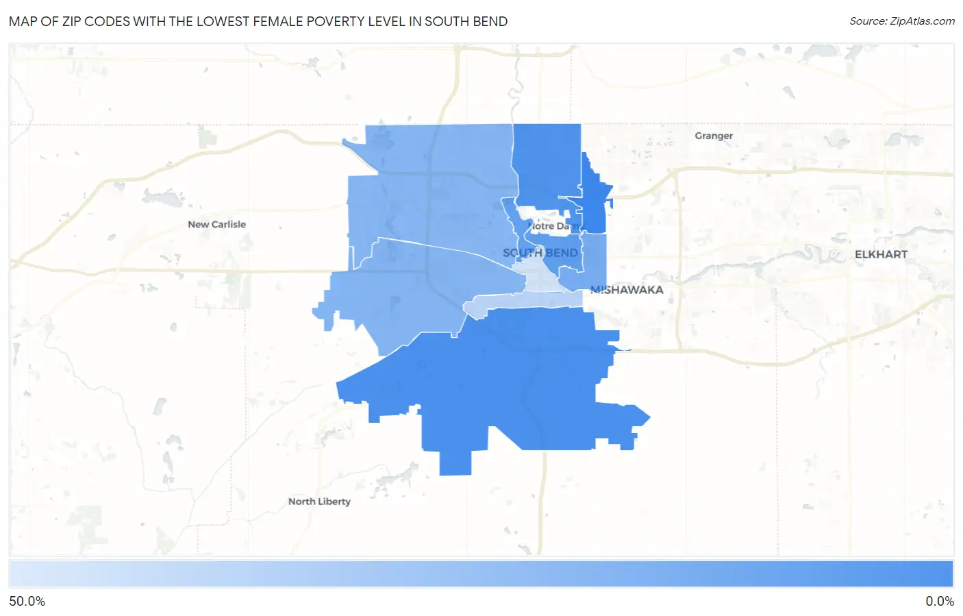 Zip Codes with the Lowest Female Poverty Level in South Bend Map