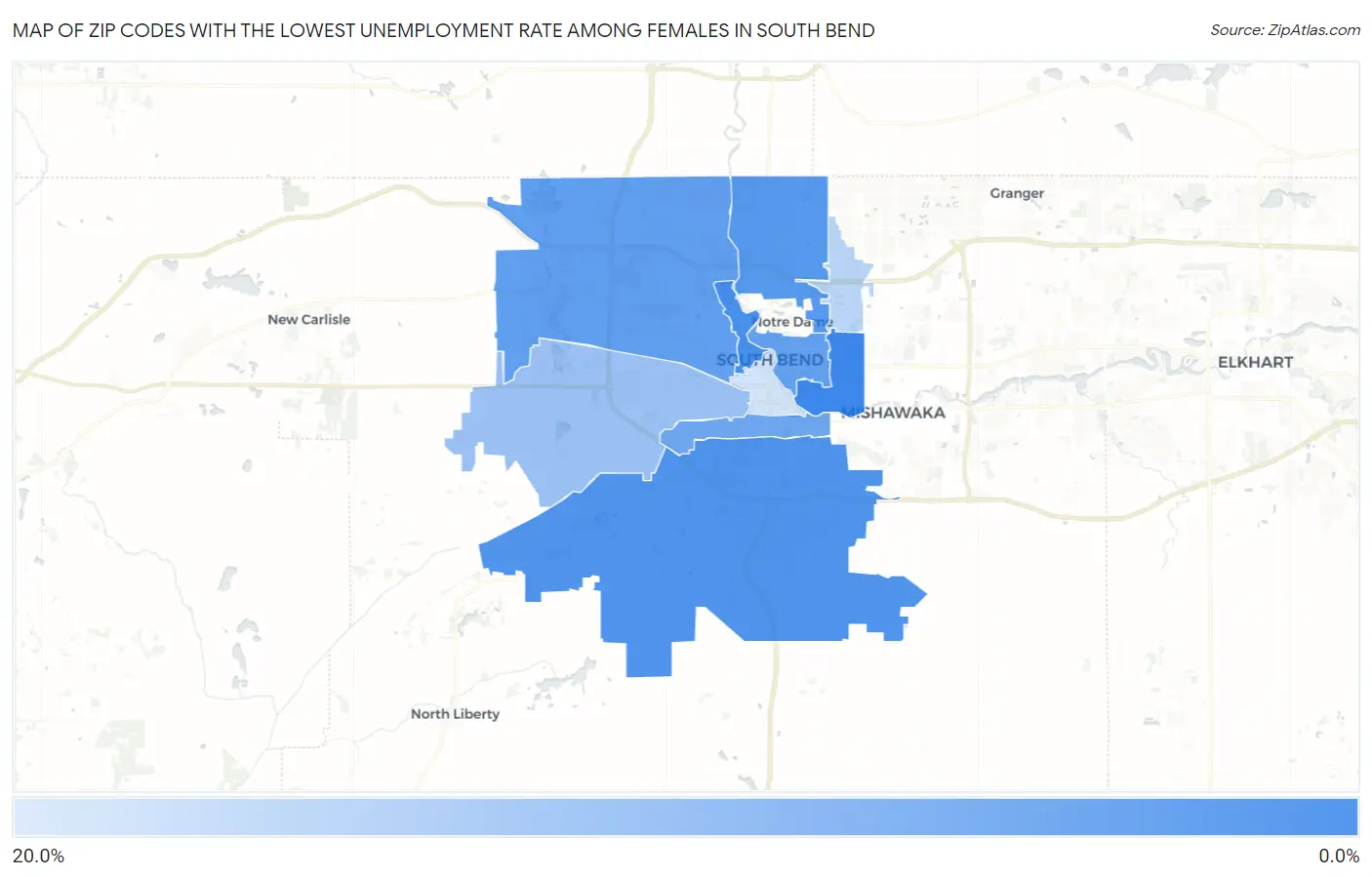 Zip Codes with the Lowest Unemployment Rate Among Females in South Bend Map