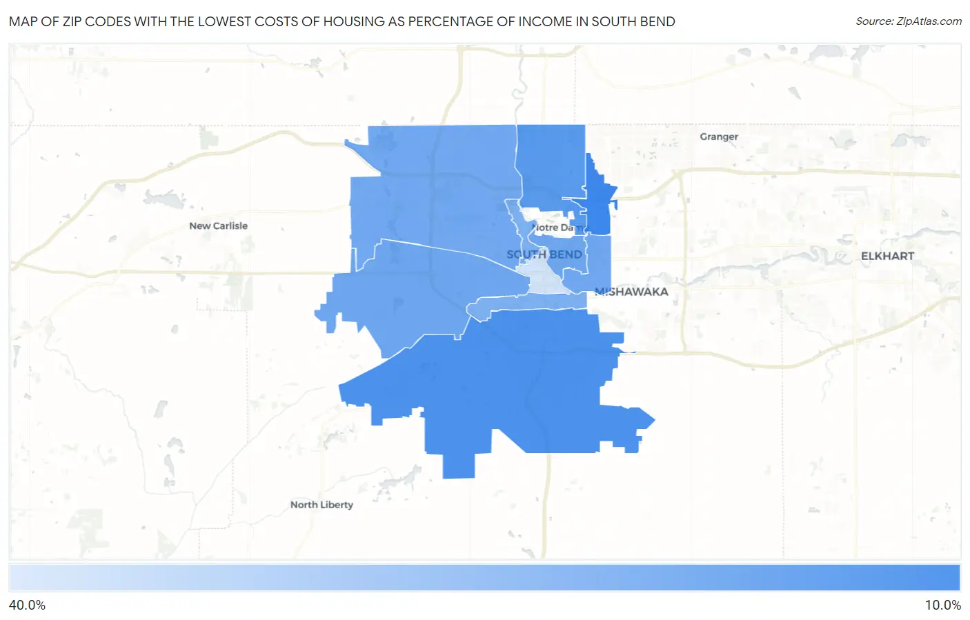 Zip Codes with the Lowest Costs of Housing as Percentage of Income in South Bend Map