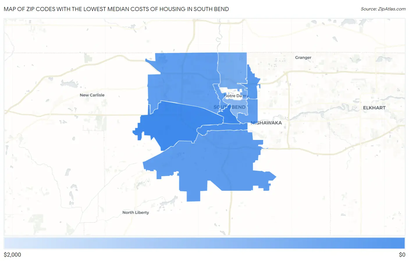 Zip Codes with the Lowest Median Costs of Housing in South Bend Map