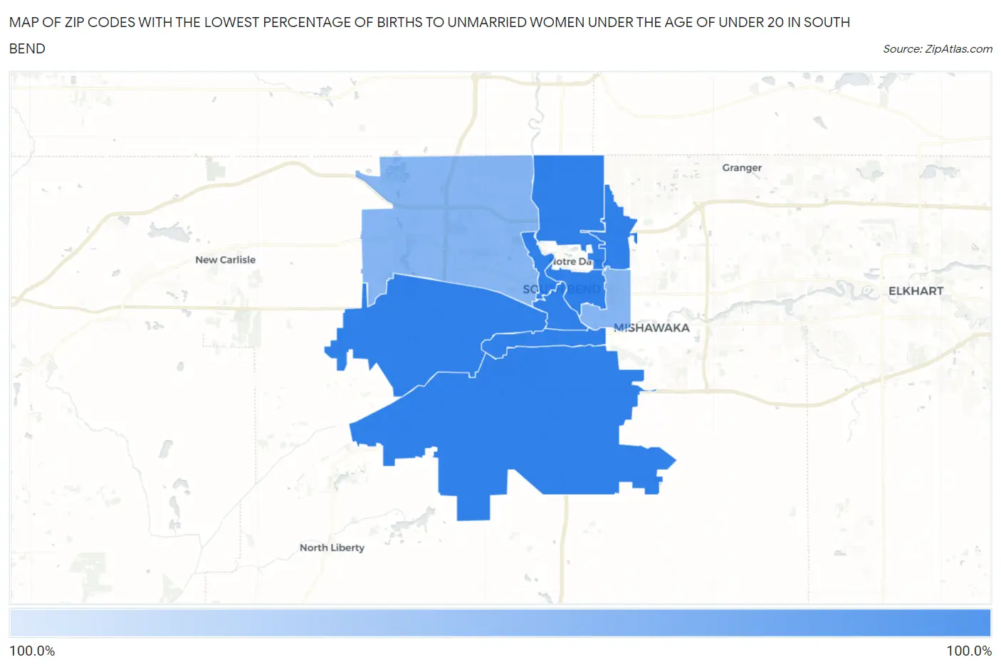Zip Codes with the Lowest Percentage of Births to Unmarried Women under the Age of under 20 in South Bend Map