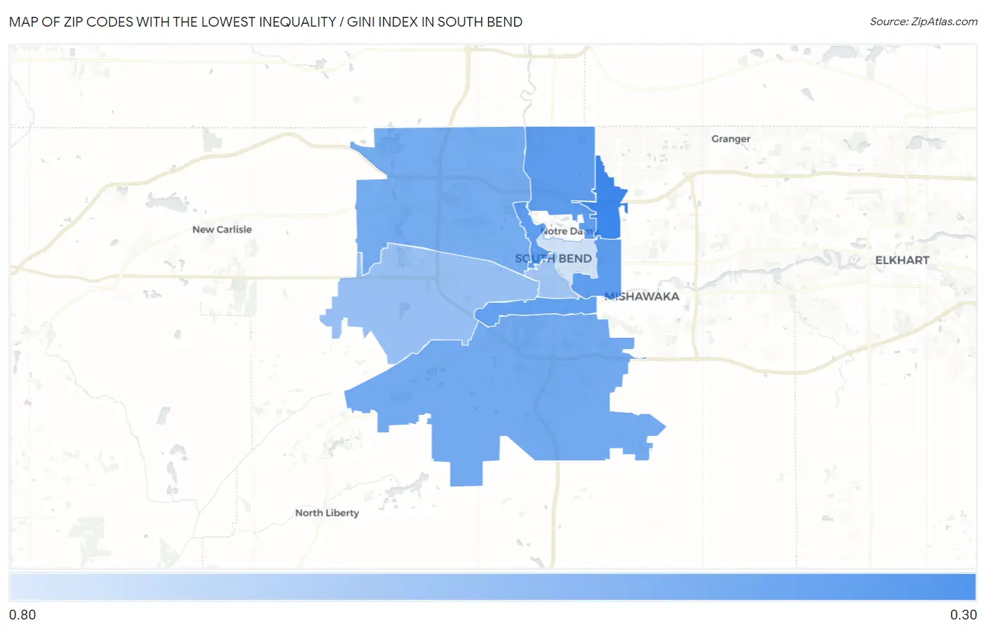 Zip Codes with the Lowest Inequality / Gini Index in South Bend Map